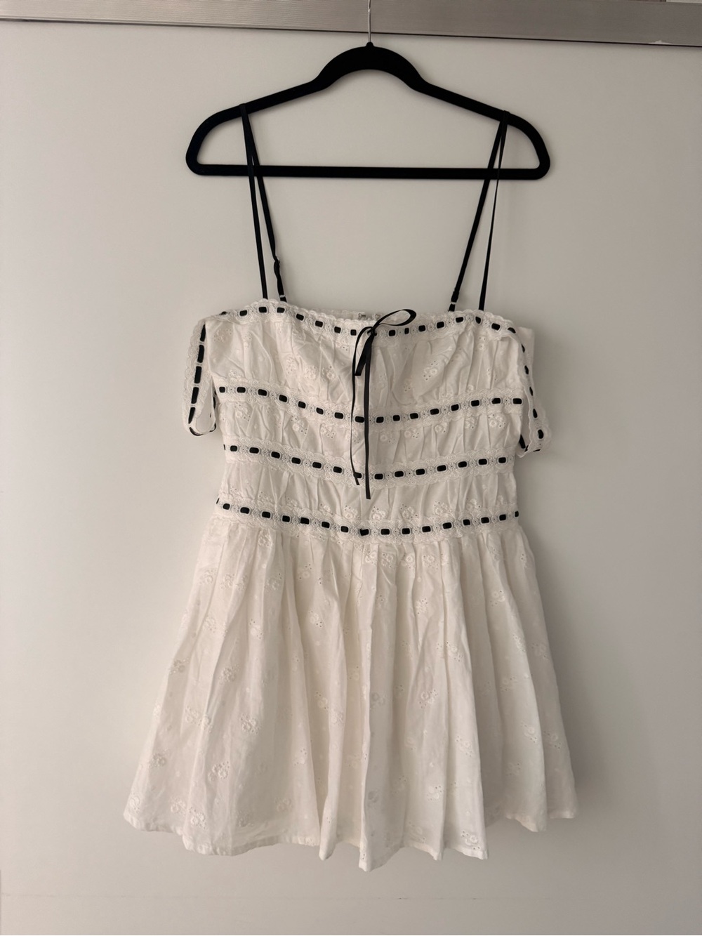 MAJORELLE Carmen White Eyelet Mini Dress with Black Trim